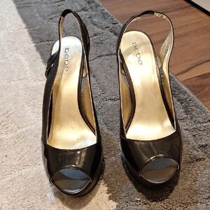Bebe Glossy Black Slingback Heels